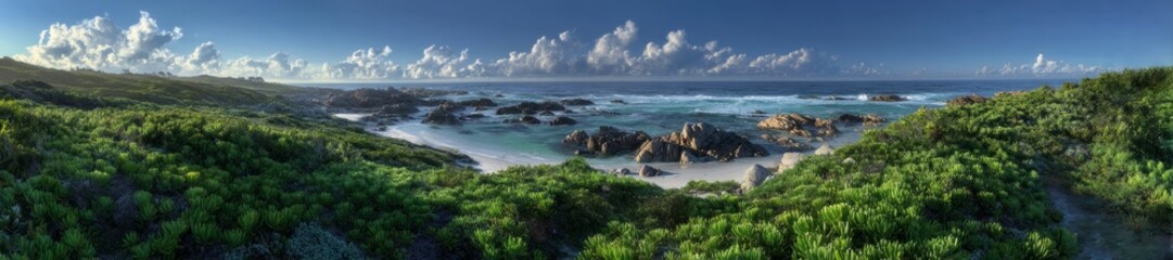 Coastal adventure rocky beach hdr panorama serene ocean view nature concept