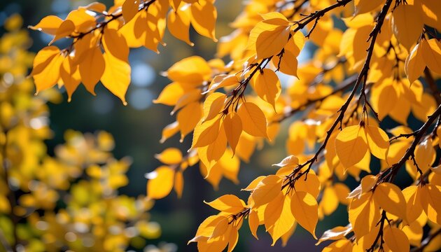 A tree with yellow leaves in the foreground of a landscape scene during autumn.