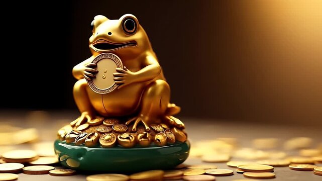 A golden feng shui three-legged money frog statue sitting on coins, holding a coin in its mouth, symbolizing wealth and abundance.