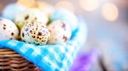 Colorful quail eggs in a basket with a blue cloth on a festive background