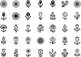 Set of minimalist flower icons simple flat vector design elements isolated on white background for web and mobile apps