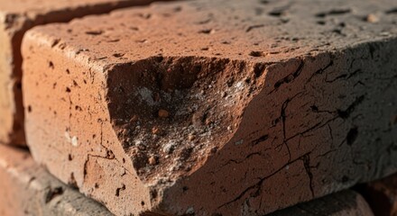 Close up of a stack of red bricks showing texture and imperfections