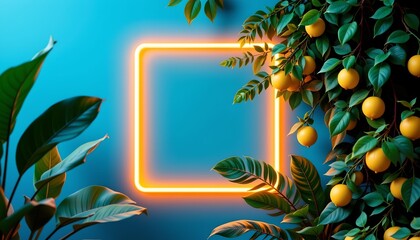 A vibrant setting with a lush plant in the foreground and a backdrop that includes a sign resembling a stylized square and a collection of lemons hanging from trees.