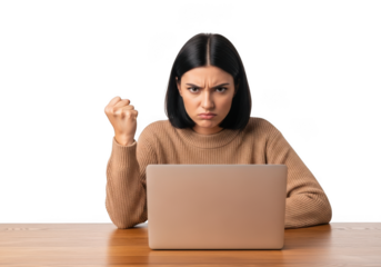 Frustrated woman working on laptop with angry expression, stress and deadline pressure, isolated on transparent background
