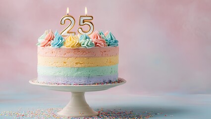 25th Birthday Cake with Pastel Rainbow Layers and Sprinkles