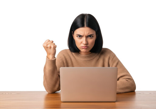 Frustrated woman working on laptop with angry expression, stress and deadline pressure, isolated on transparent background