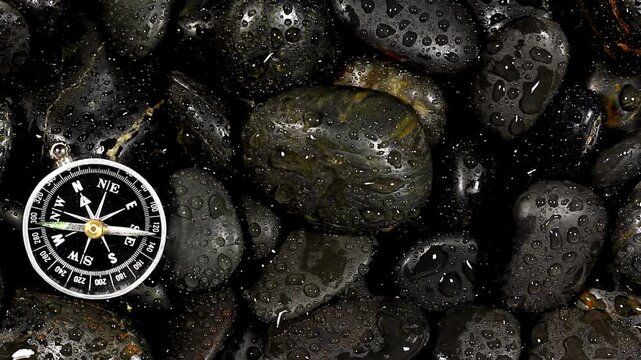 Compass in the forest, against the background of rocks. round compass on natural background as symbol of tourism with compass and travel with compass and outdoor activities with compass.