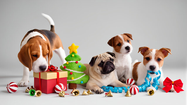 A charming composition dedicated to New Year and Christmas, featuring several puppies of different breeds: a beagle, a pug, and two Jack Russell terriers. The dogs pose among holiday paraphernalia: wr