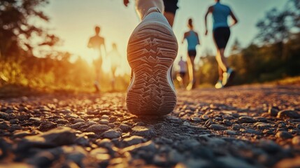 Group of joggers running together on a quiet road in the morning sunlight, promoting fitness and healthy lifestyle.