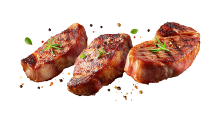 Grill Pork Chops, Beef steaks, realistic 3d brisket flying in the air, grilled meat collection isolated on a white background