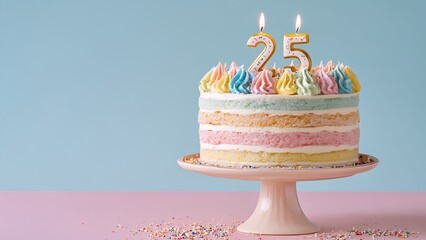 25th Birthday Cake with Pastel Rainbow Layers and Sprinkles