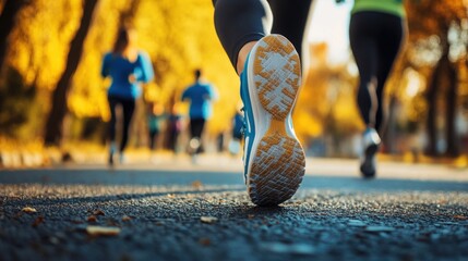 Joggers moving in unison on the road as part of daily workout.