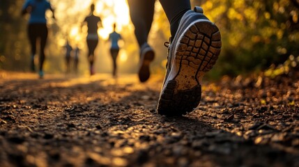 Group of athletes jogging side by side on the long road as part of endurance training in fresh air.