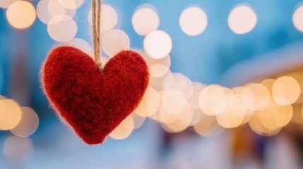 Fototapeta premium Bright red heart hangs on a string with blurred lights in the background