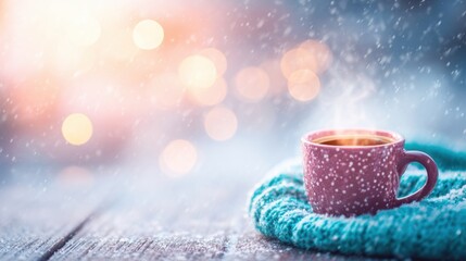 Obraz premium Warm cup of coffee on a snowy day with soft bokeh background
