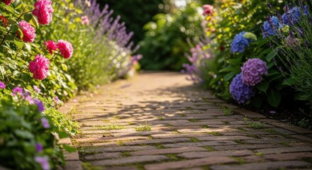 Charming garden path lined with vibrant flowers and lush greenery.