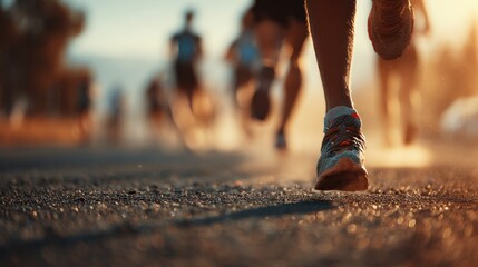 Group of athletes jogging side by side on the long road as part of endurance training in fresh air.
