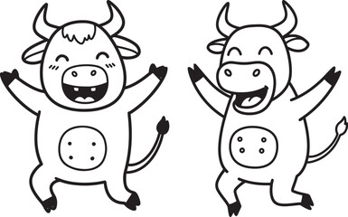Obraz premium Two happy cartoon bulls dancing silhouette