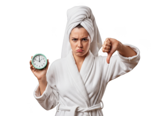 Disappointed woman in bathrobe holding clock with thumbs down png image for projects and design needs, isolated on transparent background