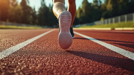 Professional athletes practice running on the outdoor track field with clear sky background for fitness and competition training.