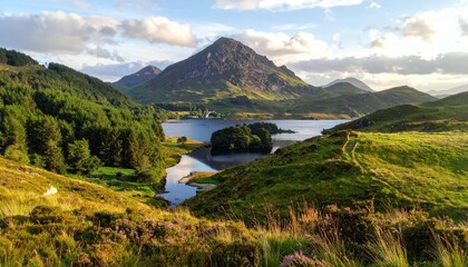 Scenic landscape reveals a serene lake nestled amidst rolling green hills and majestic mountains under a partly cloudy sky.