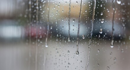 Rain droplets on window glass with blurred background scenery