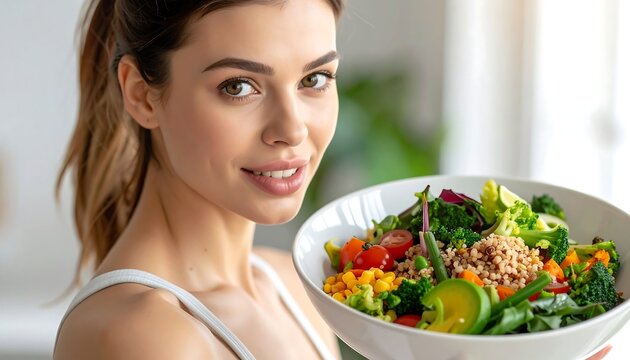 Woman smiling, holding large bowl of colorful salad - Powered by Adobe