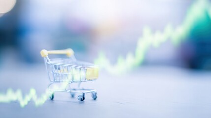 Shopping cart on a surface with a rising financial graph in the background