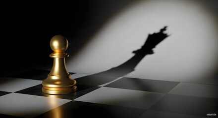 A single golden chess pawn piece casts a long shadow of a powerful king on a chessboard, symbolizing ambition, potential, and leadership