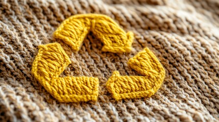 Recycling symbol knitted into textured fabric.
