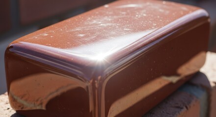 Shiny brown rectangular object sits on a brick surface outside