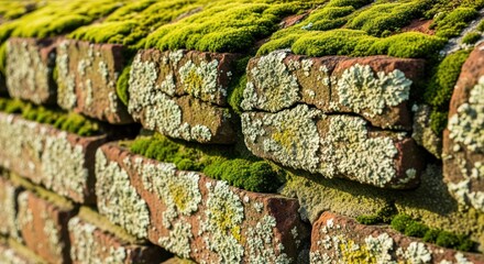 Old brick wall covered in moss and lichen, textured background