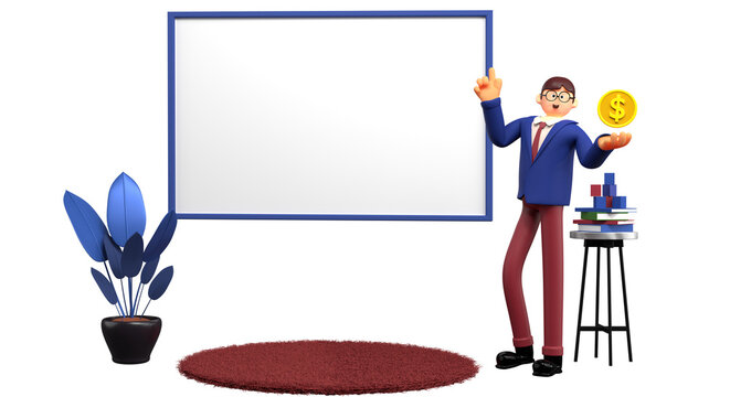 Animated Businessman Presenting Beside Blank Whiteboard with Transparent Background in Blue Suit