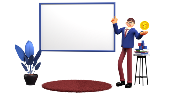 Animated Businessman Presenting Beside Blank Whiteboard with Transparent Background in Blue Suit
