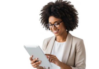Smiling african american woman using tablet device in business attire stock photo isolated on transparent background