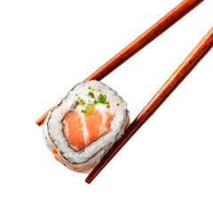 Salmon sushi roll piece held with chopsticks on white background. 