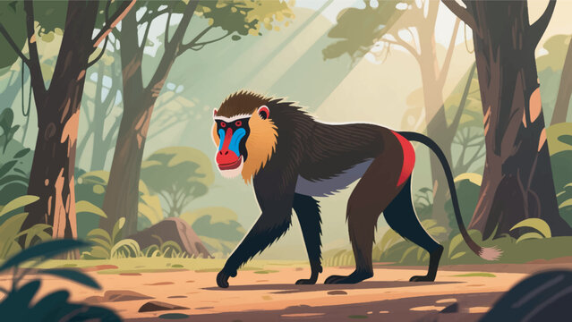 Illustration Of A Mandrill Monkey Walking On The Forest Floor With Sunlight Filtering Through The Trees Vector Design Template
