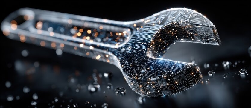 Futuristic wrench with circuit board pattern symbolizes innovative engineering solutions for modern technology repairs and cutting edge industrial design work