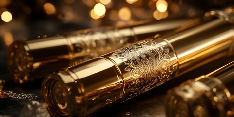 Naklejka premium Golden tubes, ornate design, dark background, luxury product