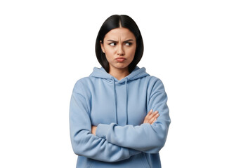 Annoyed woman with arms crossed in blue hoodie looking sideways png image stock photo download isolated on transparent background