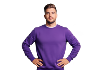 Confident man in purple sweatshirt with hands on hips stock photo png image for graphic design and compositing isolated on transparent background