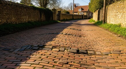 Cobblestone road curves through English village on sunny afternoon