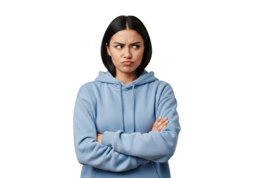Annoyed woman with arms crossed in blue hoodie looking sideways png image stock photo download isolated on transparent background