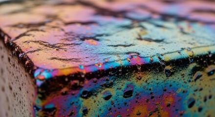 Iridescent surface with colorful stains and drips macro closeup