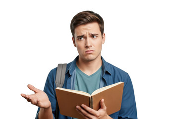 Confused student with book questioning and shrugging shoulders png image for education and learning resources isolated on transparent background