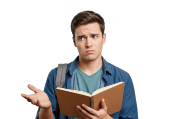 Confused student with book questioning and shrugging shoulders png image for education and learning resources isolated on transparent background
