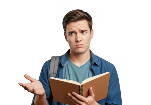 Confused student with book questioning and shrugging shoulders png image for education and learning resources isolated on transparent background
