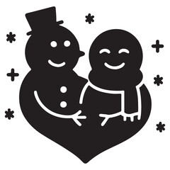 Snowmen Hugging with Snowflakes Black and White Festive Silhouette Illustration