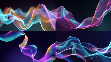 Colorful, glowing, translucent ribbons flow and twist against a dark background