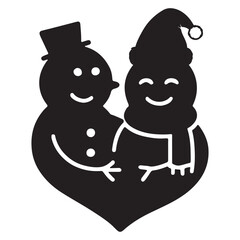 Snowmen Hugging Inside Heart Shape  Black and White Festive Silhouette Illustration